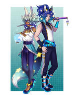 Digital illustration of two blue moon (rabbit) and star (fox) themed kemonomimi.