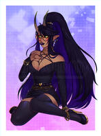 Digital illustration of my demon girl OC, Toffee, seated over a pink and purple background.