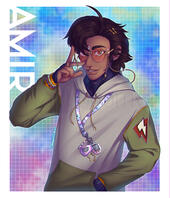 Digital art of Amir from Warframe 1999 on a pastel background dressed in casual clothes with a lanyard of Tammpets around his neck.