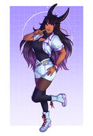 Digital illustration of a dark haired bunny girl in a white an purple outfit