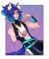 Drawing of my OC, Larimar (he/him), a blue fox boy/kemonomimi with ethereal stars in and around his ears